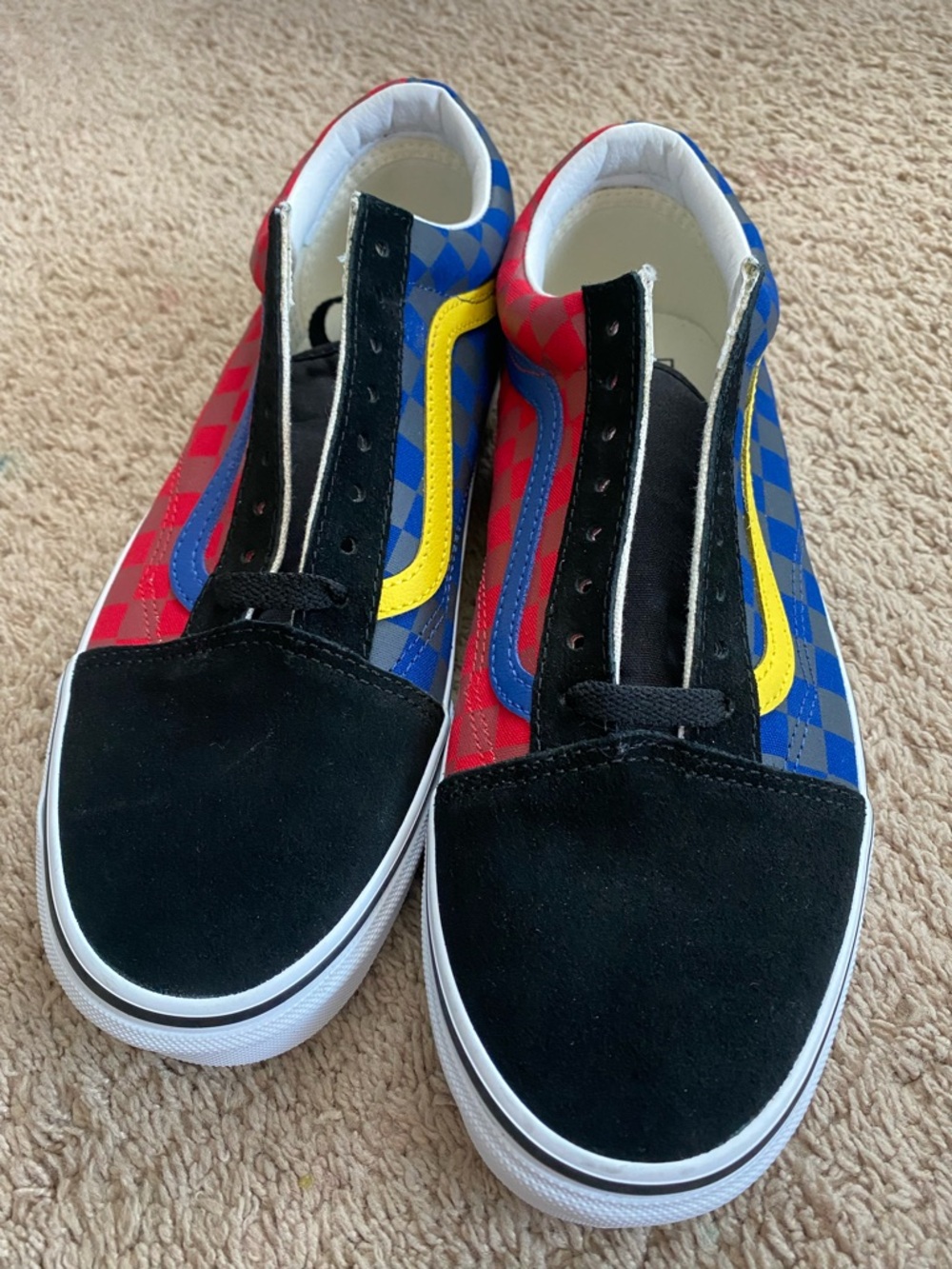Vans men’s Checkerboard Skate Sneakers with Black Suede Toe and Yellow Accent